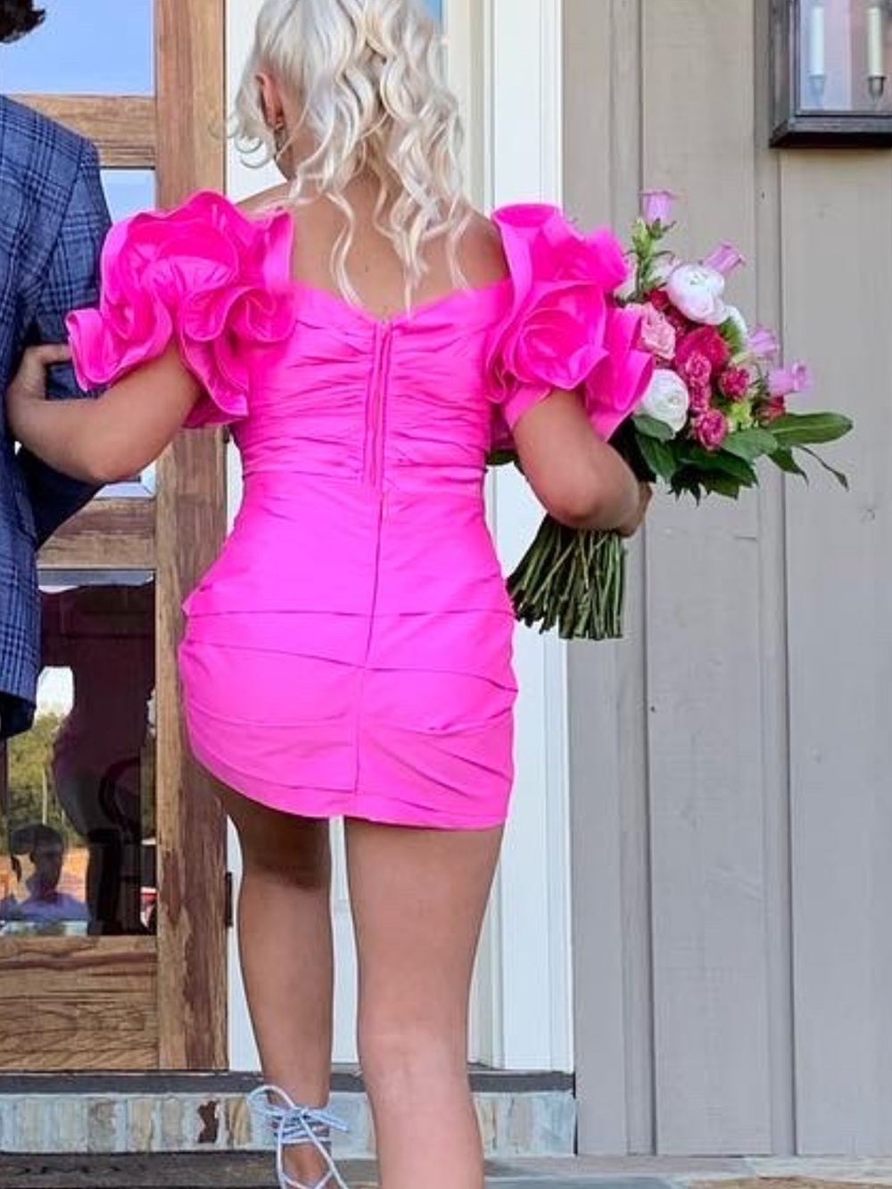 Sherri Hill Hot Pink Ruffle-Sleeve Mini Dress